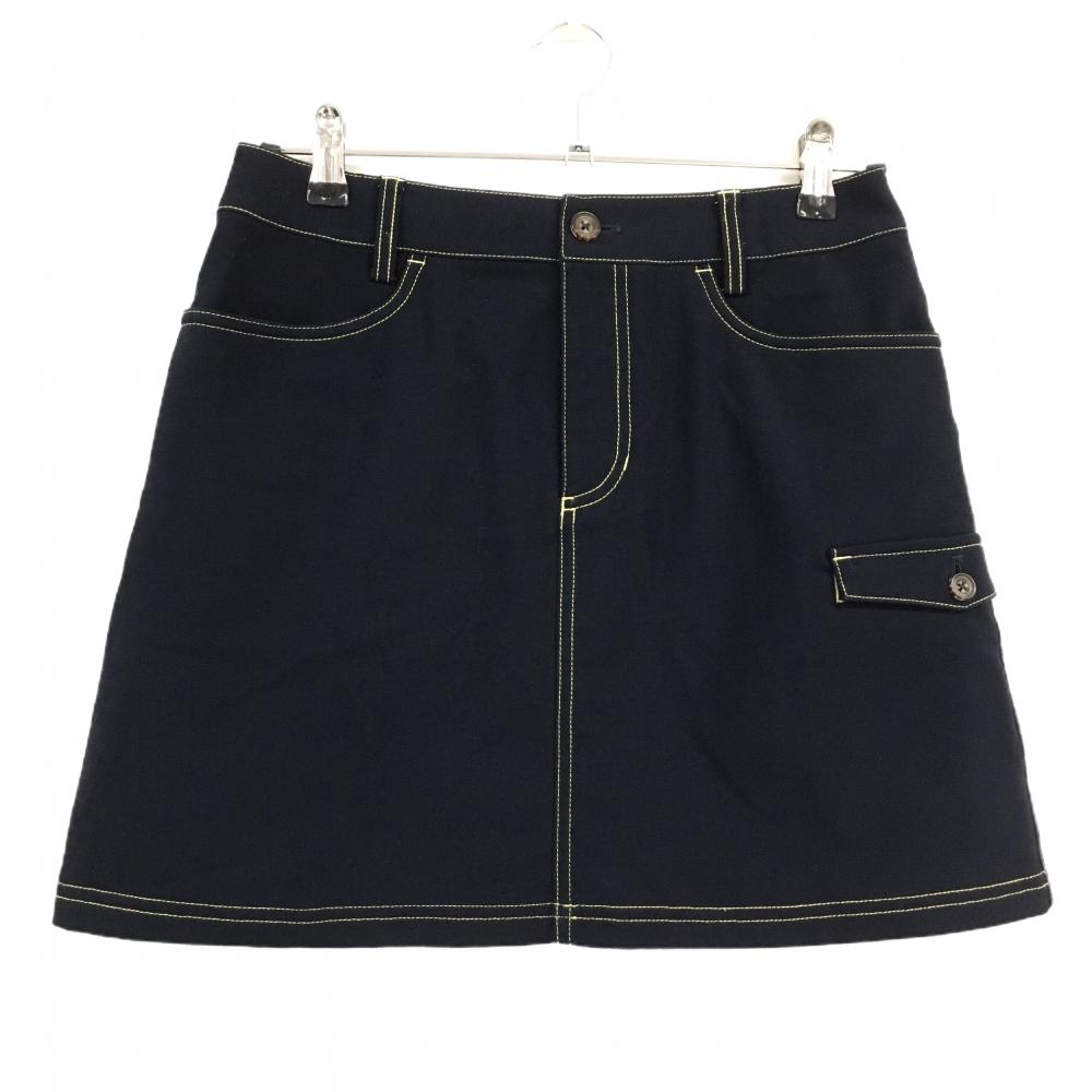 【美品】アディダス スカート ダークネイビー×イエロー系 ステッチ バックロゴ刺しゅう 毛羽立ち少 レディース M/M ゴルフウェア adidas