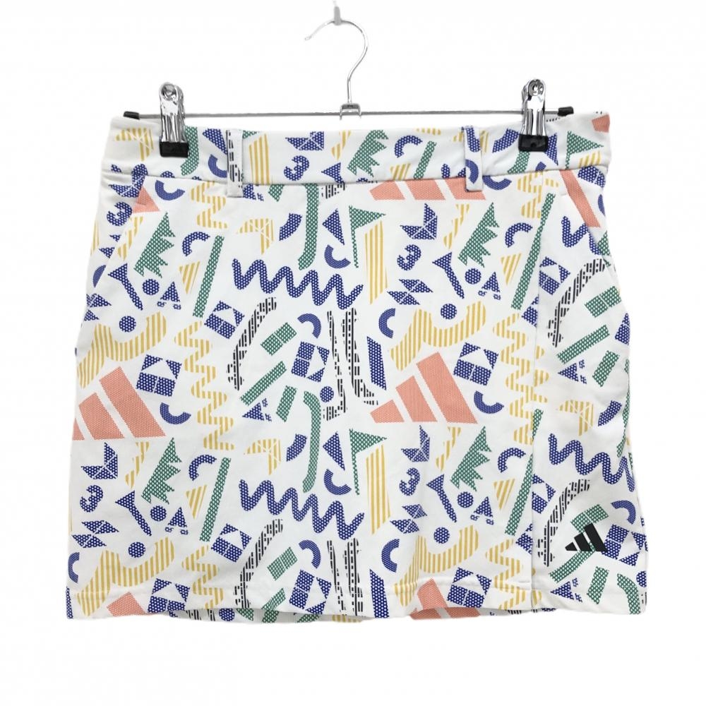 【美品】アディダス ストレッチスカート 白×ブルー×イエロー 総柄 内側メッシュインナーパンツ レディース L ゴルフウェア adidas