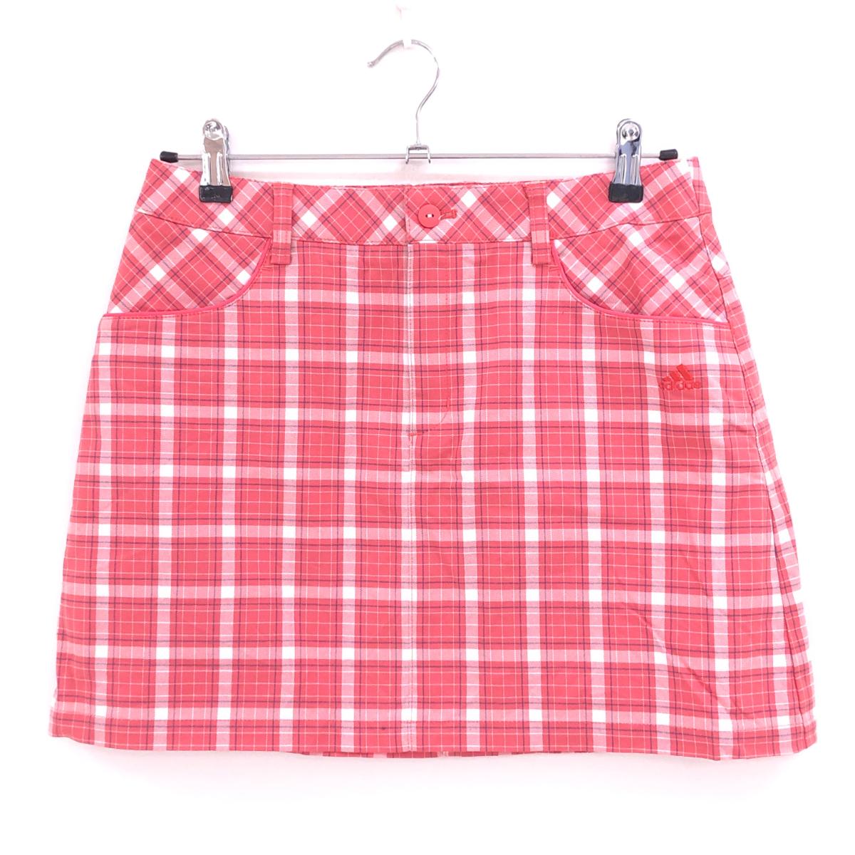 【超美品】アディダス スカート ピンク系×白 チェック柄 ロゴ刺しゅう レディース M/M ゴルフウェア adidas