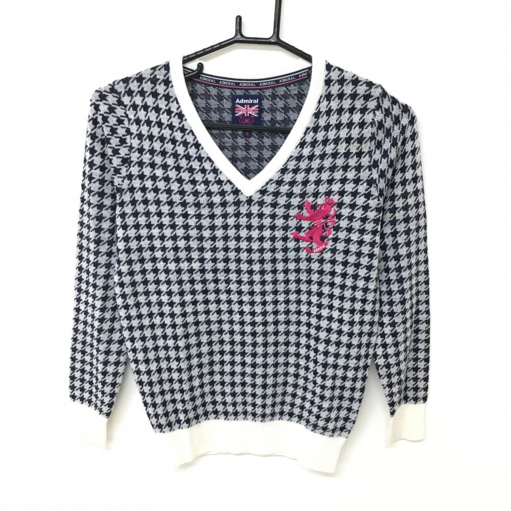 アドミラル セーター ネイビー×白 千鳥格子柄 ニット ウール混 Vネック  レディース S ゴルフウェア Admiral