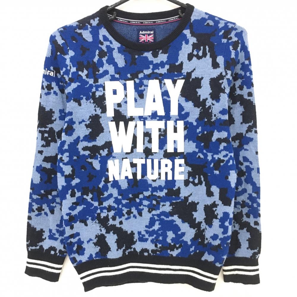 【美品】アドミラル セーター ブルー×ダークネイビー 総柄 ニット ウール混 レディース M ゴルフウェア Admiral