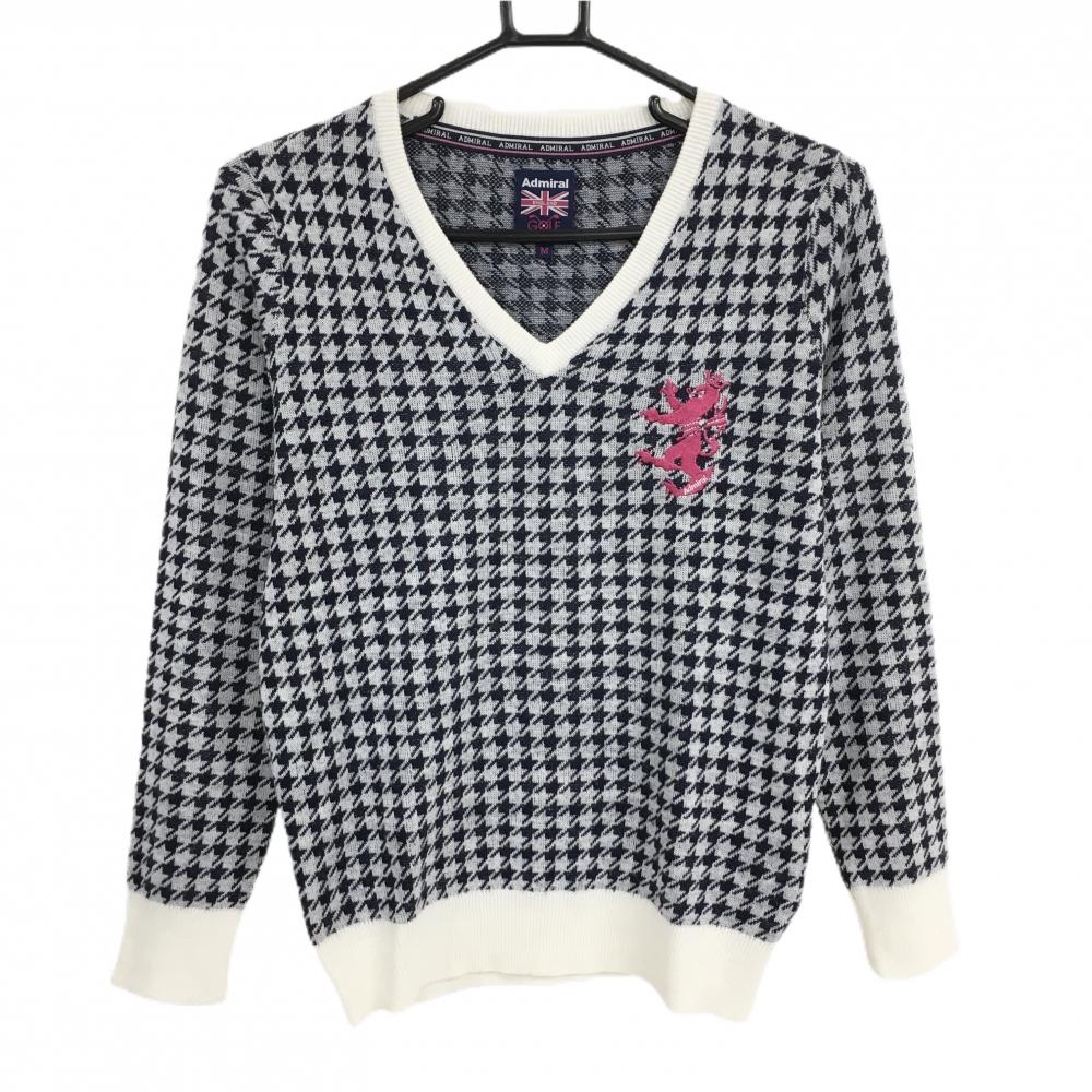 アドミラル セーター 白×ネイビー千鳥格子 Vネック ロゴ刺しゅう ニット レディース M ゴルフウェア Admiral