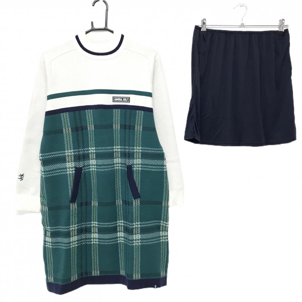 【新品】アドミラル ニットワンピース グリーン×アイボリー 下部チェック ロゴ インナースカート付 レディース LL ゴルフウェア Admiral