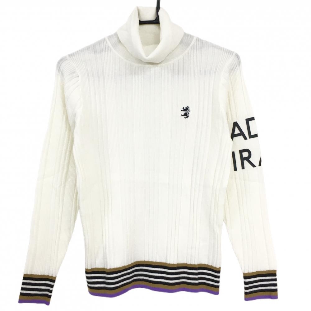 【超美品】アドミラル タートルネックセーター 白×ブラウン×パープル ストライプ編み ニット レディース M ゴルフウェア Admiral