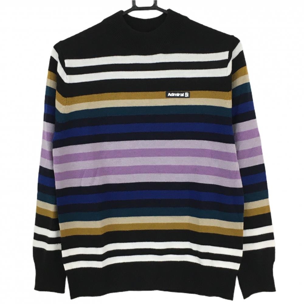 【超美品】アドミラル セーター 黒×白×マルチカラー ボーダー ニット ウール混 レディース M ゴルフウェア Admiral