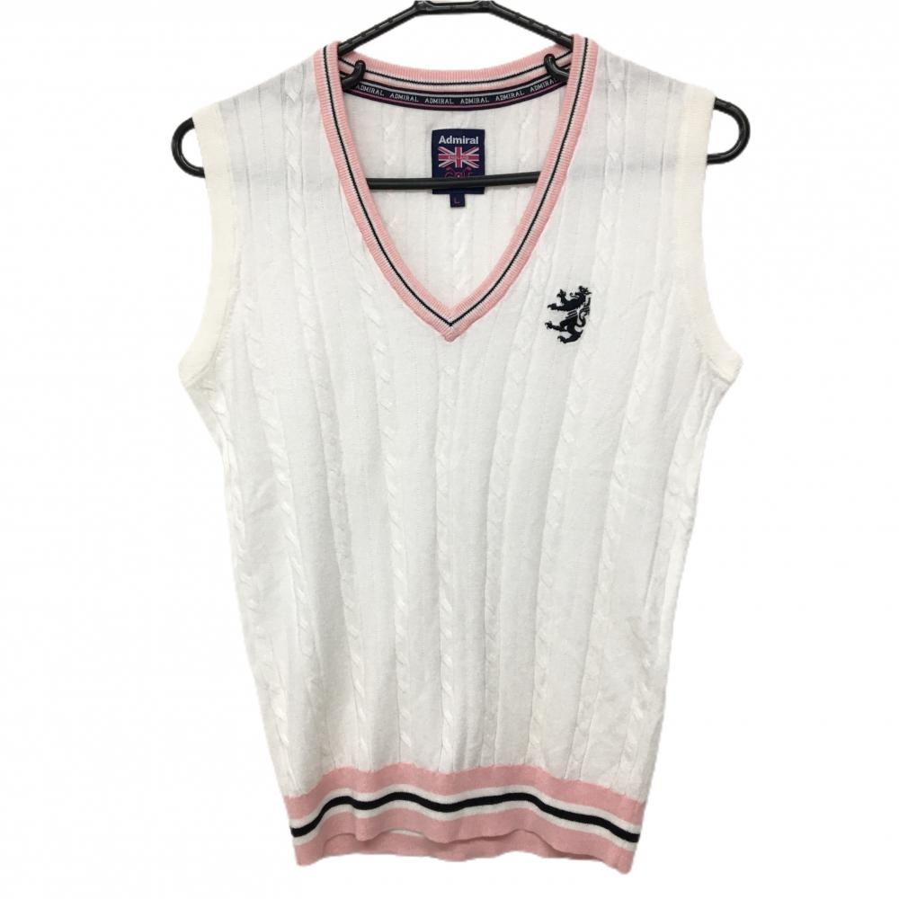 アドミラル ニットベスト 白×ピンク ケーブル編み 刺しゅう  レディース L ゴルフウェア Admiral