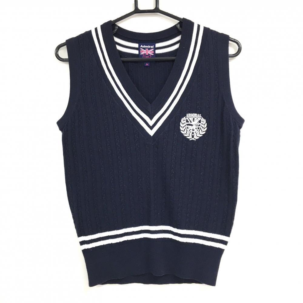 【美品】アドミラル ニットベスト ネイビー×白 ネック・裾2ライン ケーブル編み ロゴ刺しゅう レディース M ゴルフウェア Admiral