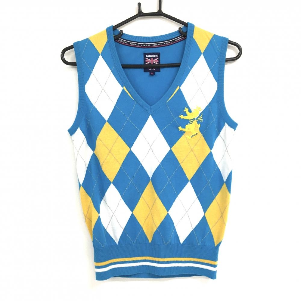 【美品】アドミラル ニットベスト ライトブルー×イエロー アーガイル柄 ロゴ刺しゅう Vネック レディース M ゴルフウェア Admiral