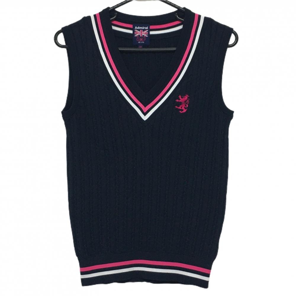 【美品】アドミラル ニットベスト ネイビー×ピンク ネックライン Vネック レディース M ゴルフウェア Admiral