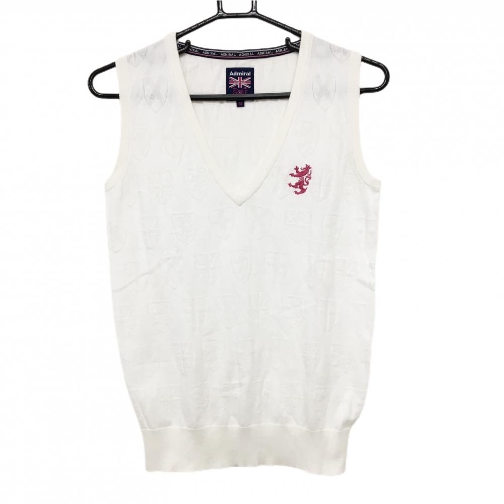 【美品】アドミラル ニットベスト 白 エンブレム総柄地模様 コットン混  レディース M ゴルフウェア Admiral