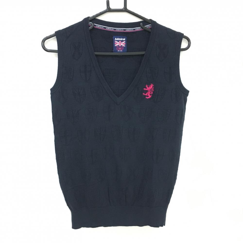 【美品】アドミラル ニットベスト ネイビー エンブレム総柄地模様 コットン混 レディース M ゴルフウェア Admiral