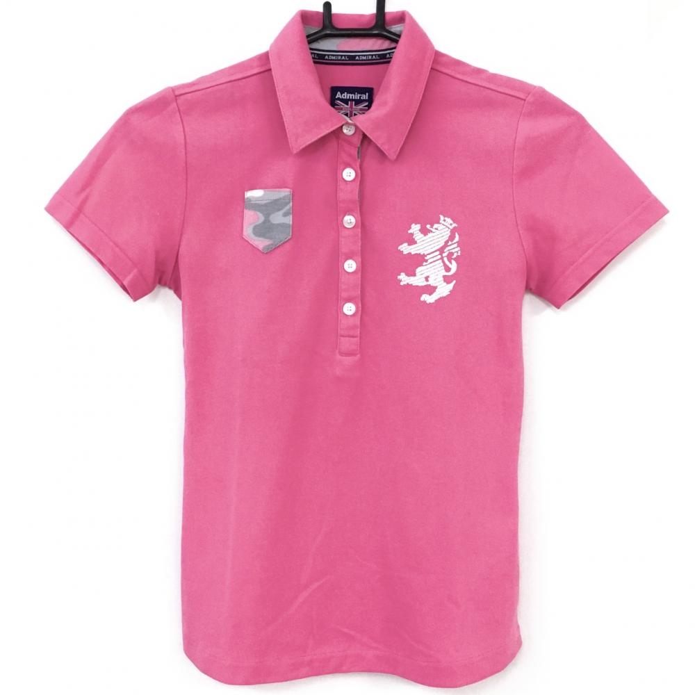 【美品】Admiral アドミラル 半袖ポロシャツ ピンク×白 一部迷彩 カモフラ ビッグロゴ レディース S ゴルフウェア