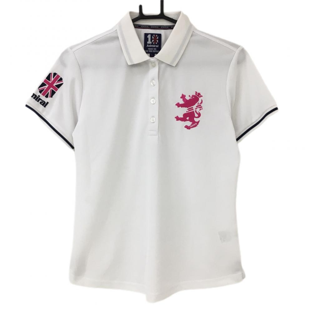 【美品】アドミラル 半袖ポロシャツ 白×ピンク 10周年 ビッグロゴ レディース L ゴルフウェア Admiral 画像