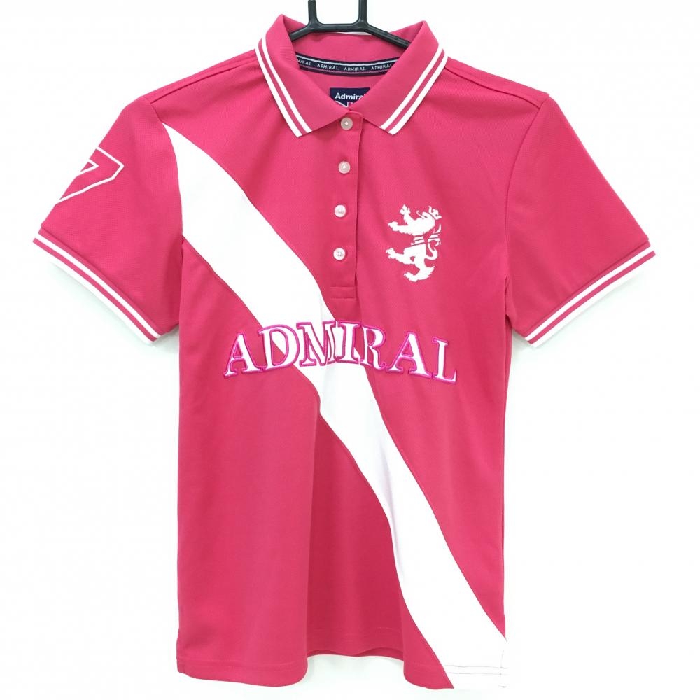 【超美品】アドミラル 半袖ポロシャツ ピンク×白 ビッグロゴ刺しゅう 襟・袖口ライン レディース L ゴルフウェア Admiral