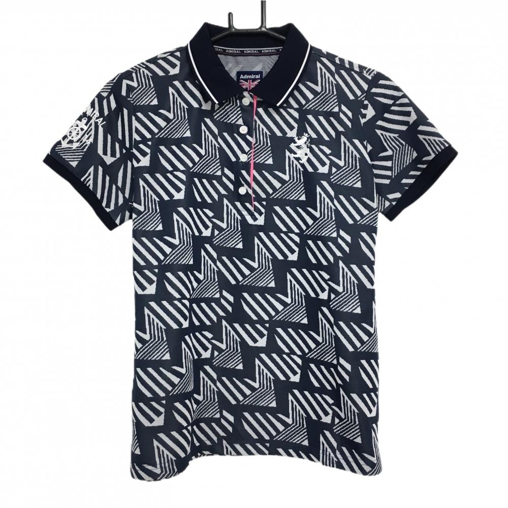 【超美品】アドミラル 半袖ポロシャツ ネイビー×白 総柄 ロゴ刺しゅう レディース L ゴルフウェア Admiral