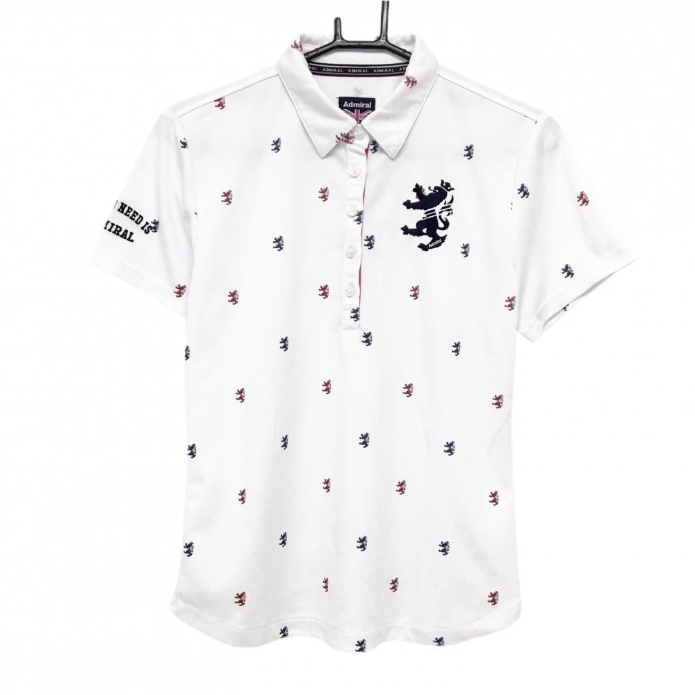 【美品】アドミラル 半袖ポロシャツ 白×ネイビー ロゴ総柄 レディース L ゴルフウェア Admiral