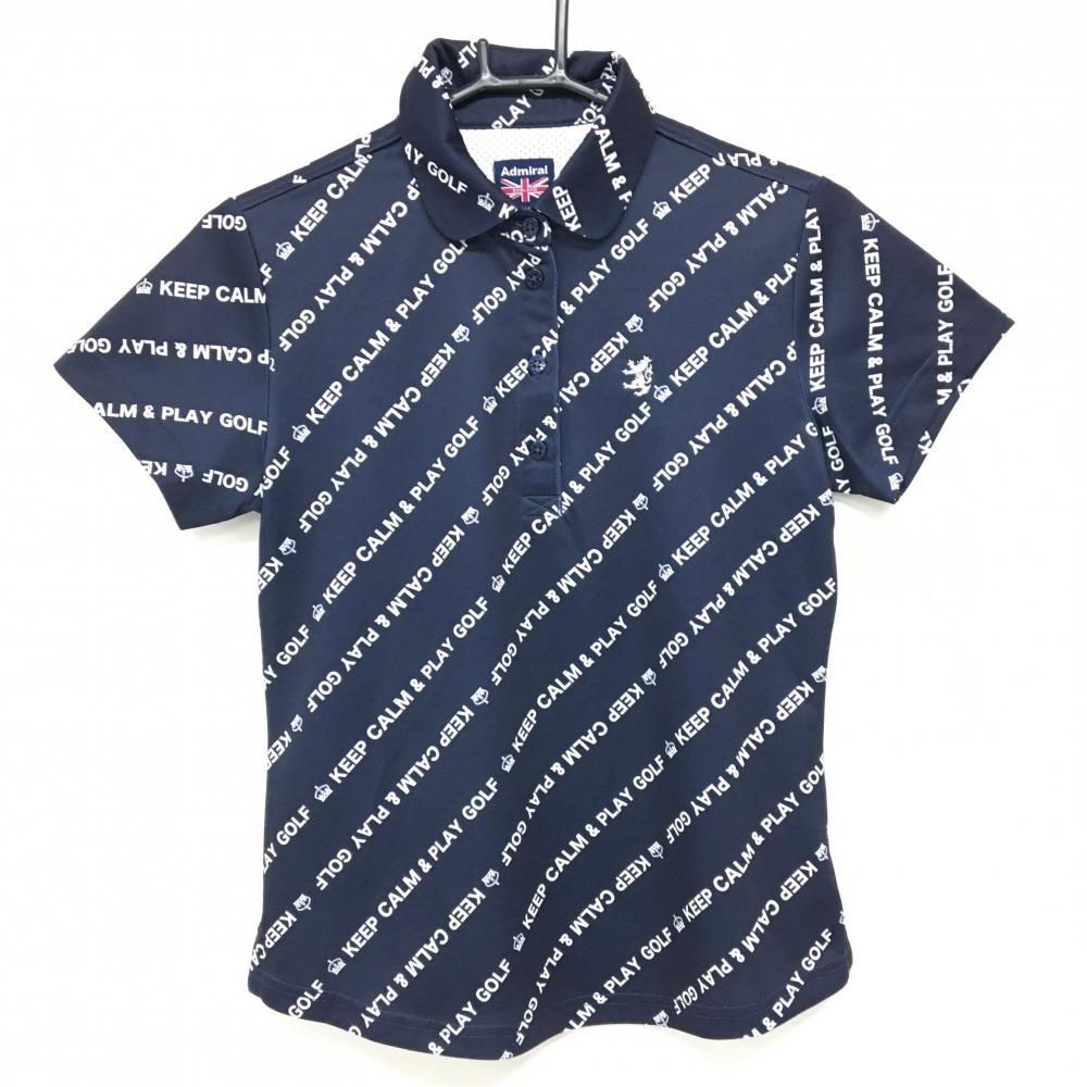 【美品】アドミラル 半袖ポロシャツ ネイビー×白 英字総柄 胸ロゴ  レディース M ゴルフウェア Admiral