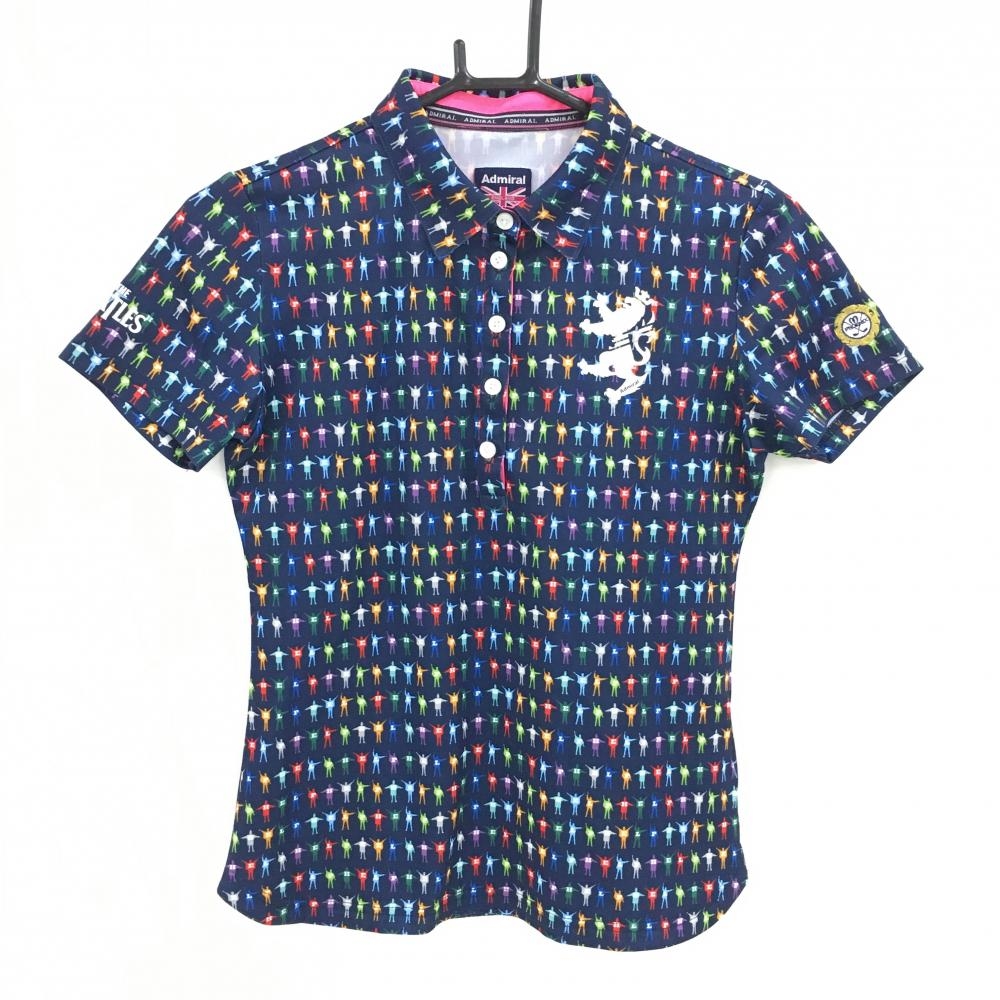 【超美品】アドミラル 半袖ポロシャツ ネイビー×マルチカラー 総柄 ビートルズ  レディース M ゴルフウェア Admiral