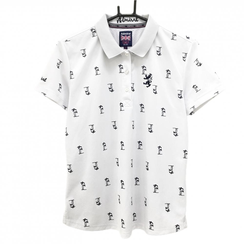 【超美品】アドミラル 半袖ポロシャツ 白×ダークネイビー ヤシの木総柄 ロゴ刺しゅう レディース LL ゴルフウェア Admiral