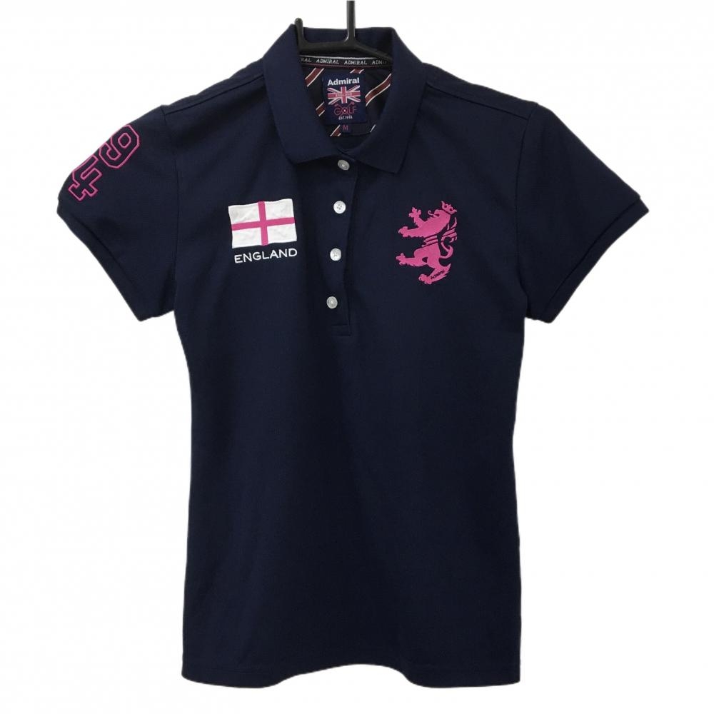 【美品】アドミラル 半袖ポロシャツ ネイビー×ピンク ロゴ刺しゅう レディース M ゴルフウェア Admiral