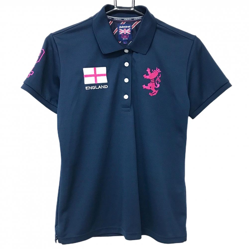 【超美品】アドミラル 半袖ポロシャツ ネイビー ビッグロゴピンク ENGLAND刺しゅう レディース L ゴルフウェア Admiral