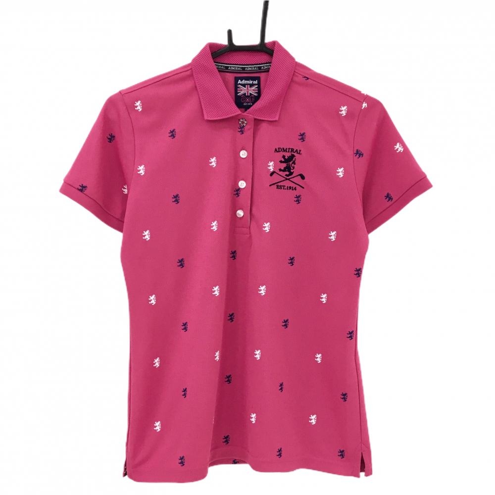 【超美品】アドミラル 半袖ポロシャツ ピンク×白 ロゴ総柄 襟メッシュ レディース L ゴルフウェア Admiral