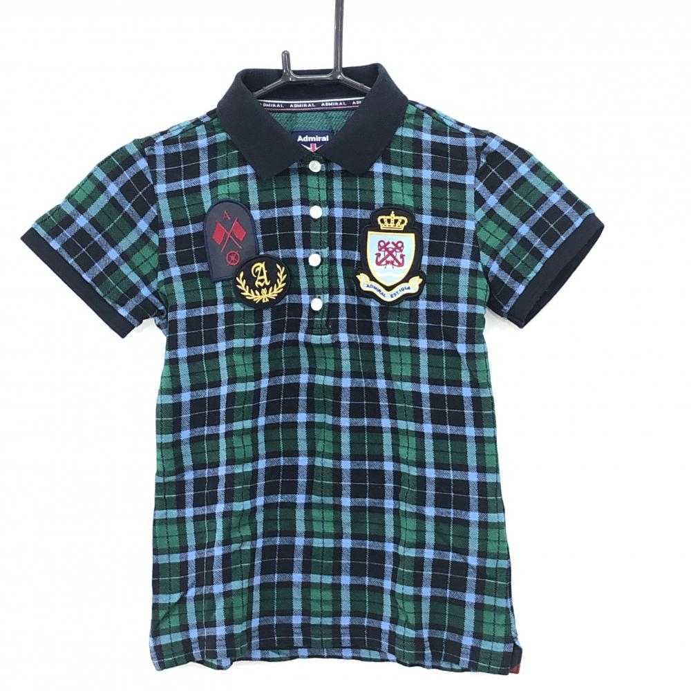 【美品】アドミラル 半袖ポロシャツ ネイビー×グリーン チェック ワッペン レディース S ゴルフウェア Admiral