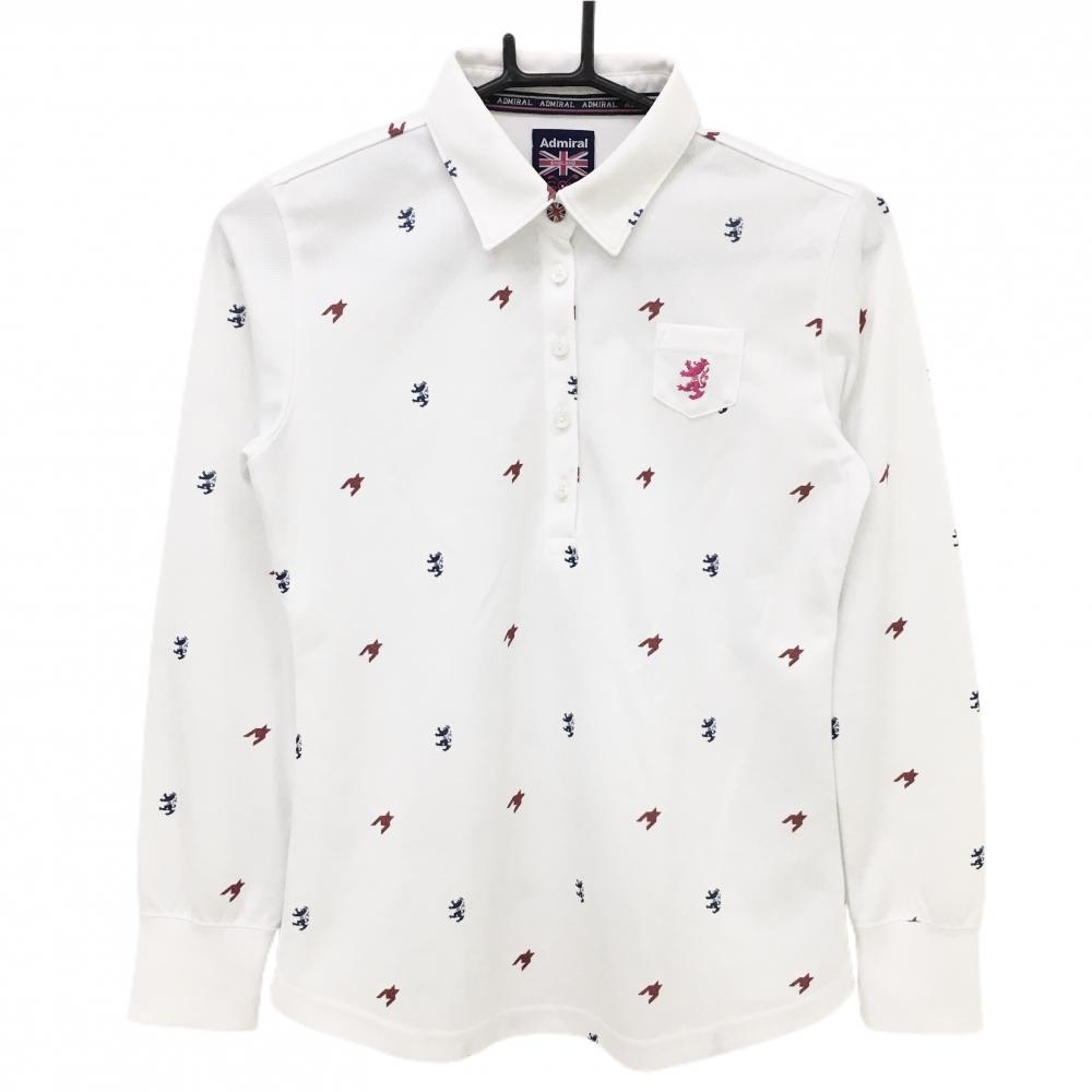 【美品】アドミラル 長袖ポロシャツ 白×レッド×ネイビー 千鳥 ロゴ総柄 胸ミニポケット付  レディース M ゴルフウェア Admiral