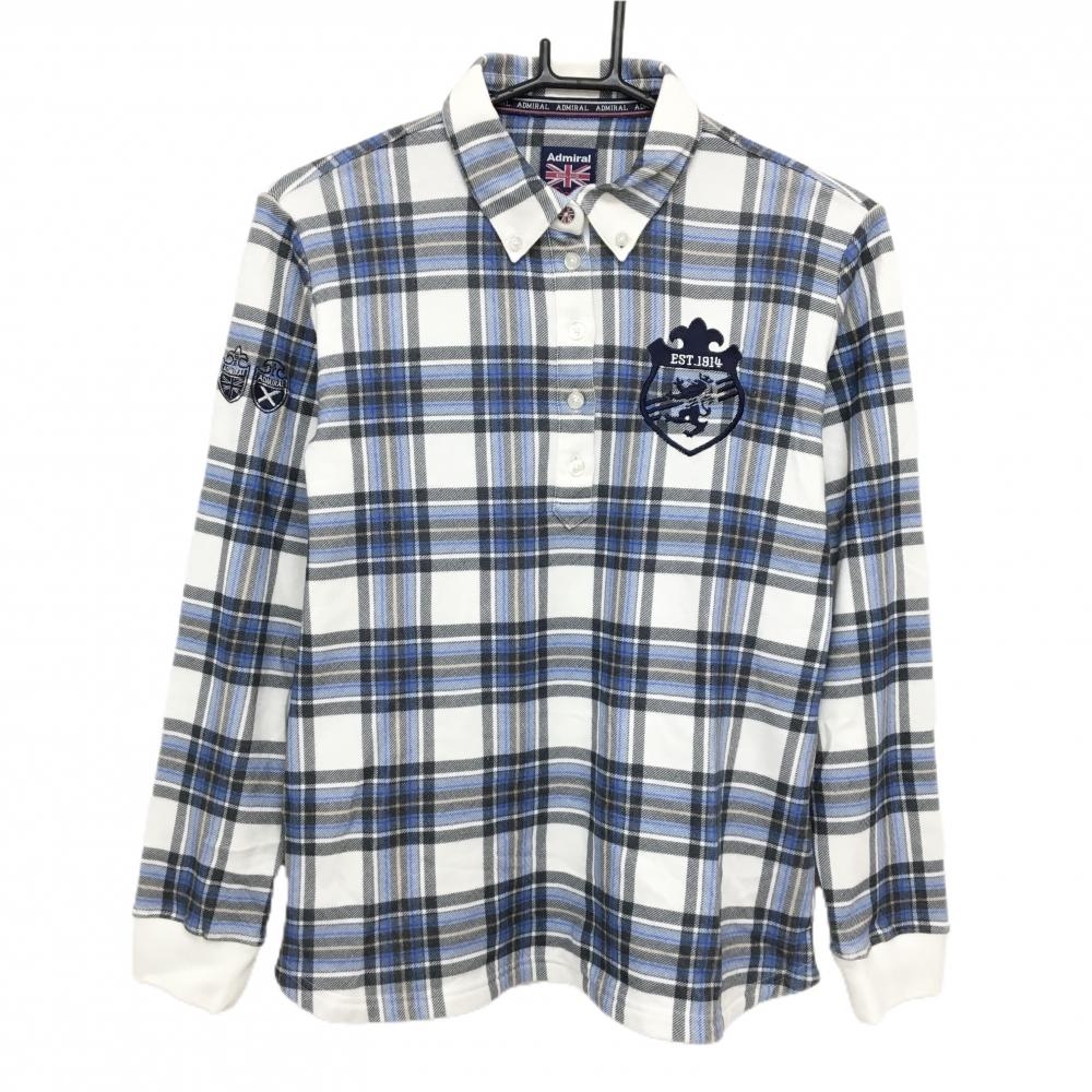 【超美品】アドミラル 長袖ポロシャツ 白×黒×ブルー チェック ストレッチ ボタンダウン 袖口ゴム レディース L ゴルフウェア Admiral