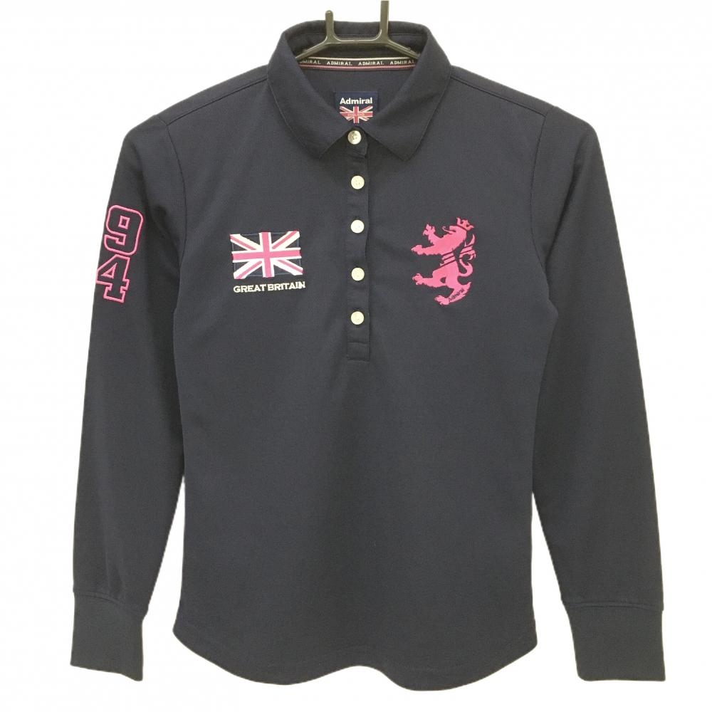 【美品】アドミラル 長袖ポロシャツ ネイビー ロゴピンク レディース S ゴルフウェア Admiral