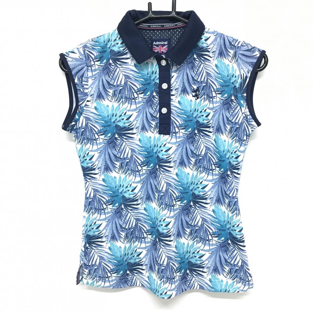 【超美品】アドミラル ノースリーブポロシャツ 白×ネイビー リーフ柄 裏一部メッシュ レディース S ゴルフウェア Admiral