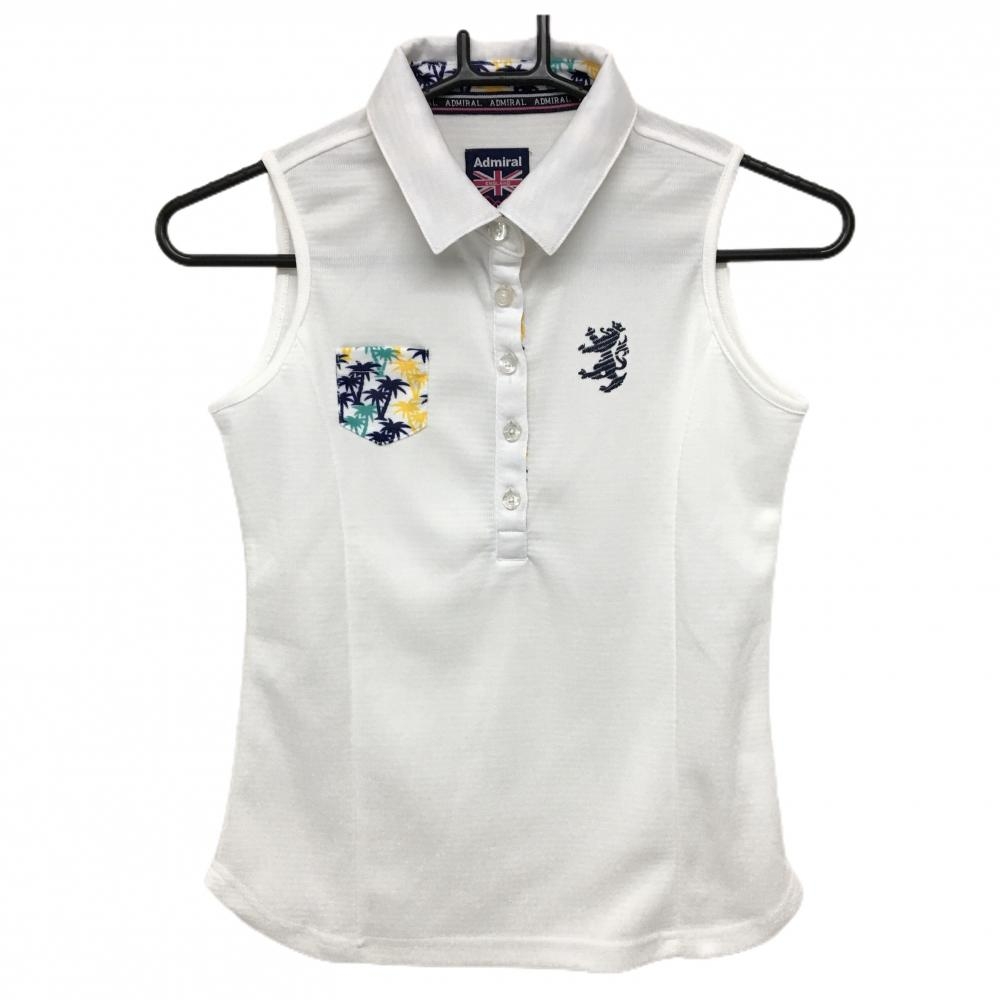 【超美品】アドミラル ノースリーブポロシャツ 白×ネイビー 一部ヤシの木柄 レディース S ゴルフウェア Admiral