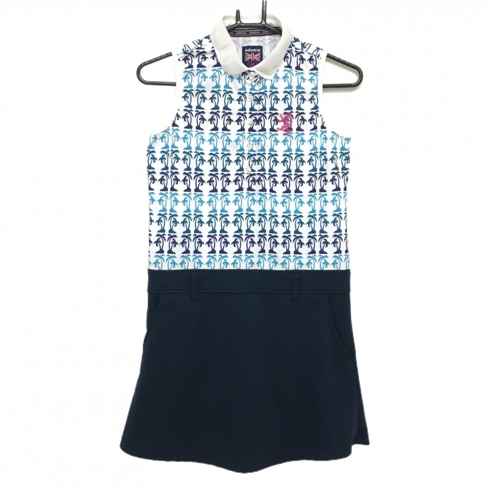 アドミラル ノースリーブポロワンピース 白×ネイビー 上部ヤシの木柄 ロゴピンク  レディース M ゴルフウェア Admiral