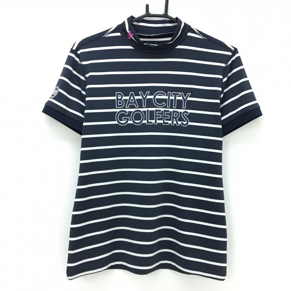 【美品】アドミラル 半袖ハイネックシャツ ネイビー×白 ボーダー プリント レディース L ゴルフウェア Admiral