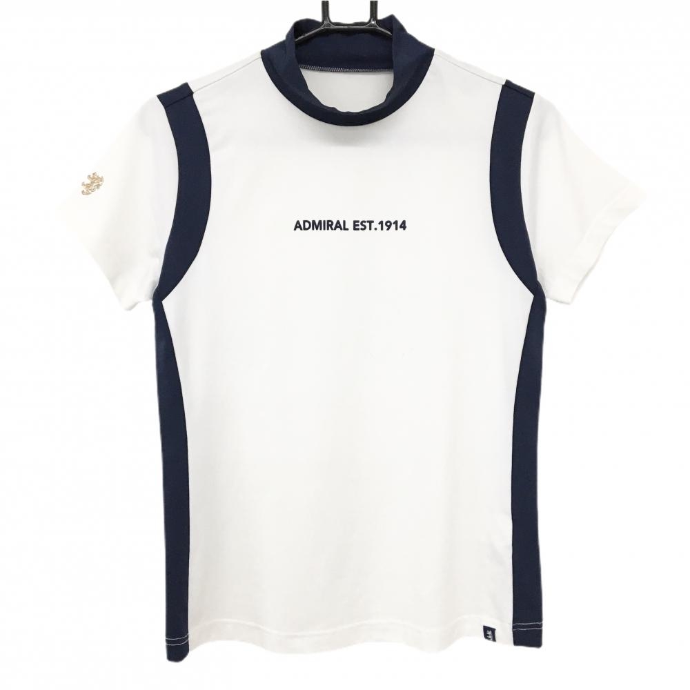 【美品】アドミラル 半袖ハイネックシャツ 白×ネイビー フロントロゴ ストレッチ レディース M ゴルフウェア Admiral