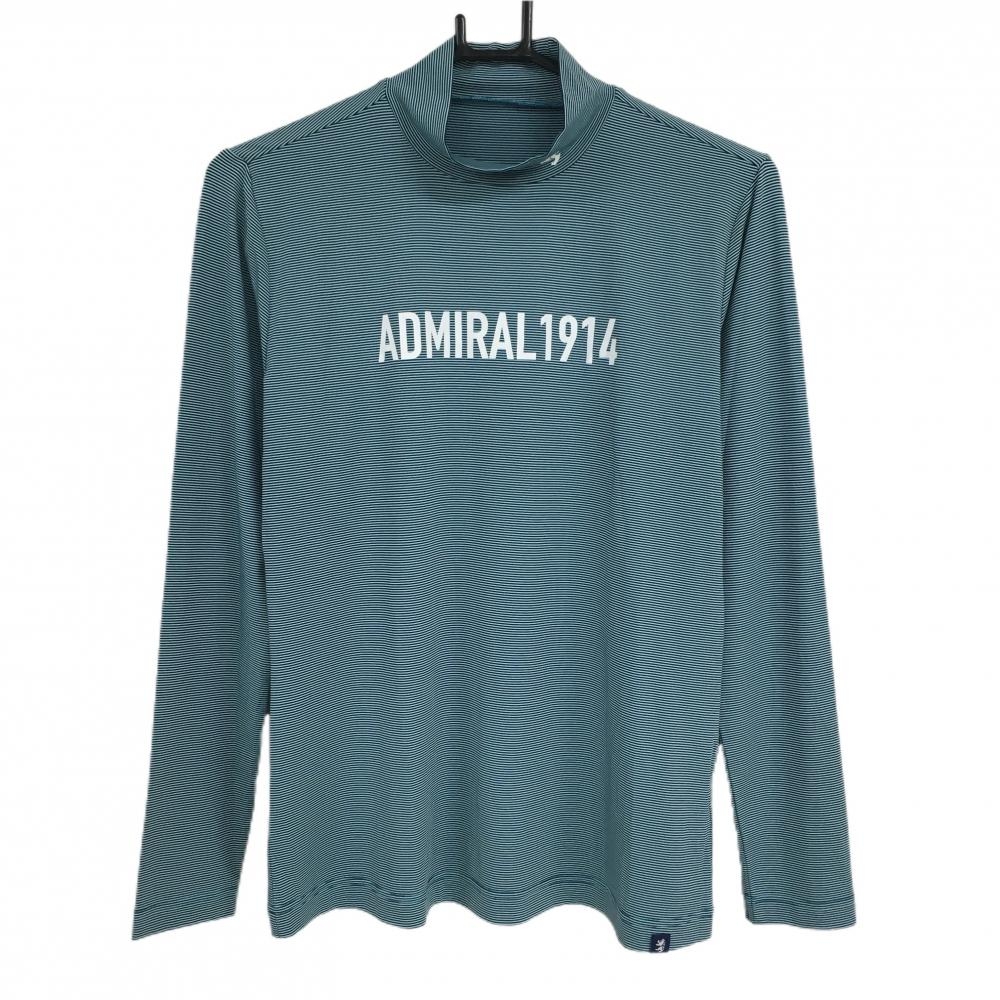 【超美品】アドミラル 長袖ハイネックシャツ ライトブルー×黒 ボーダー フロントロゴ インナー レディース L ゴルフウェア Admiral