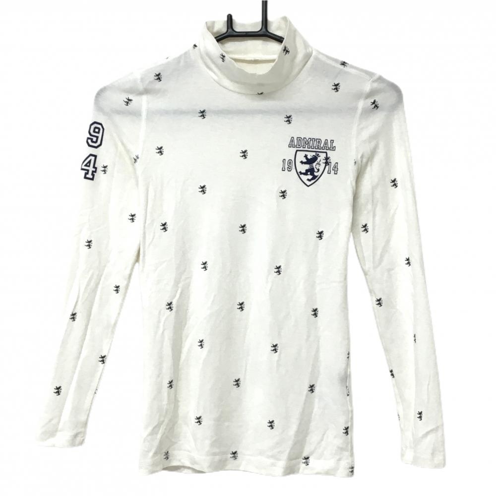【美品】アドミラル 長袖ハイネックシャツ 白×ネイビー ロゴ総柄 微起毛 レディース S ゴルフウェア Admiral