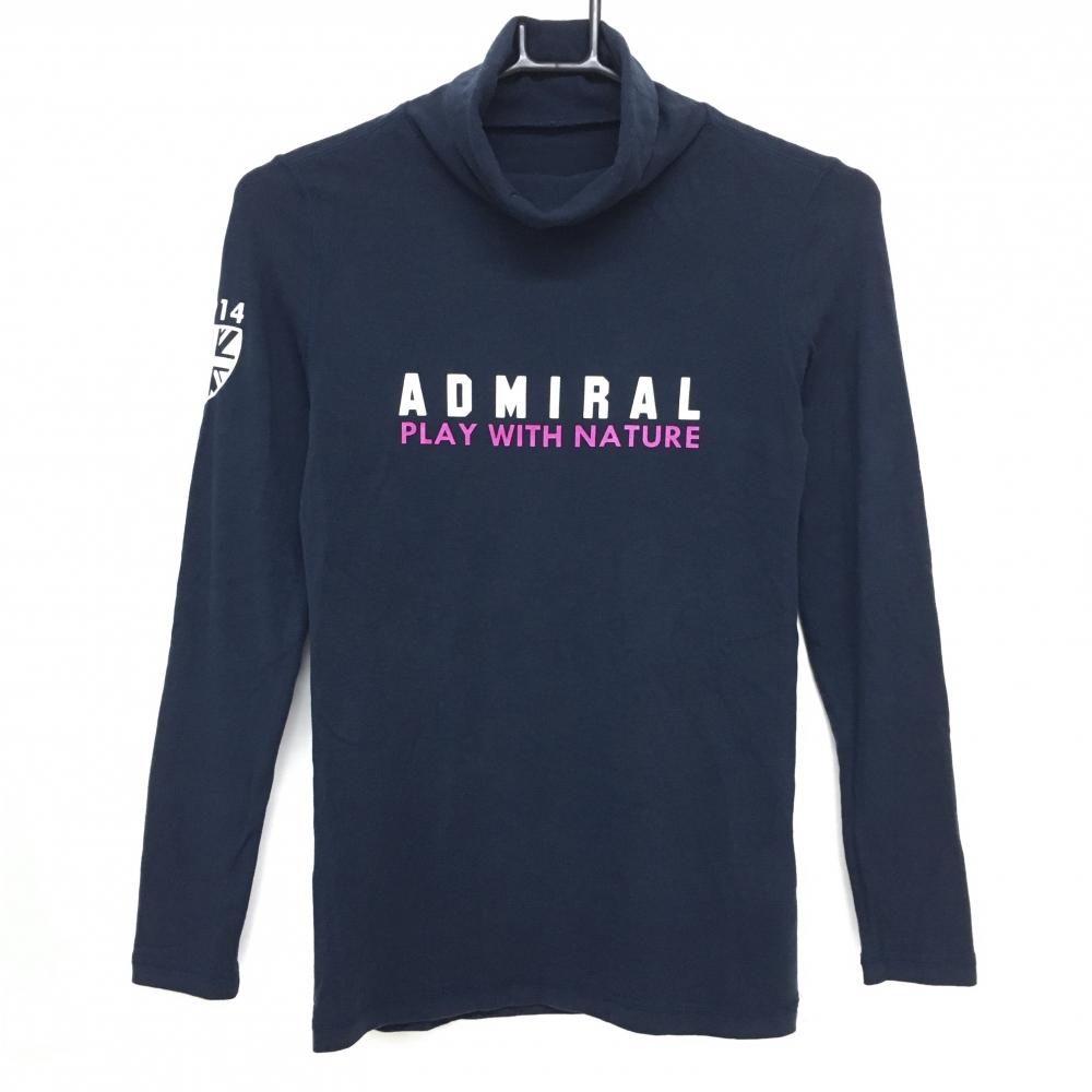 【美品】アドミラル 長袖ハイネックシャツ ネイビー×白 表微起毛 アクリル混 レディース M ゴルフウェア Admiral