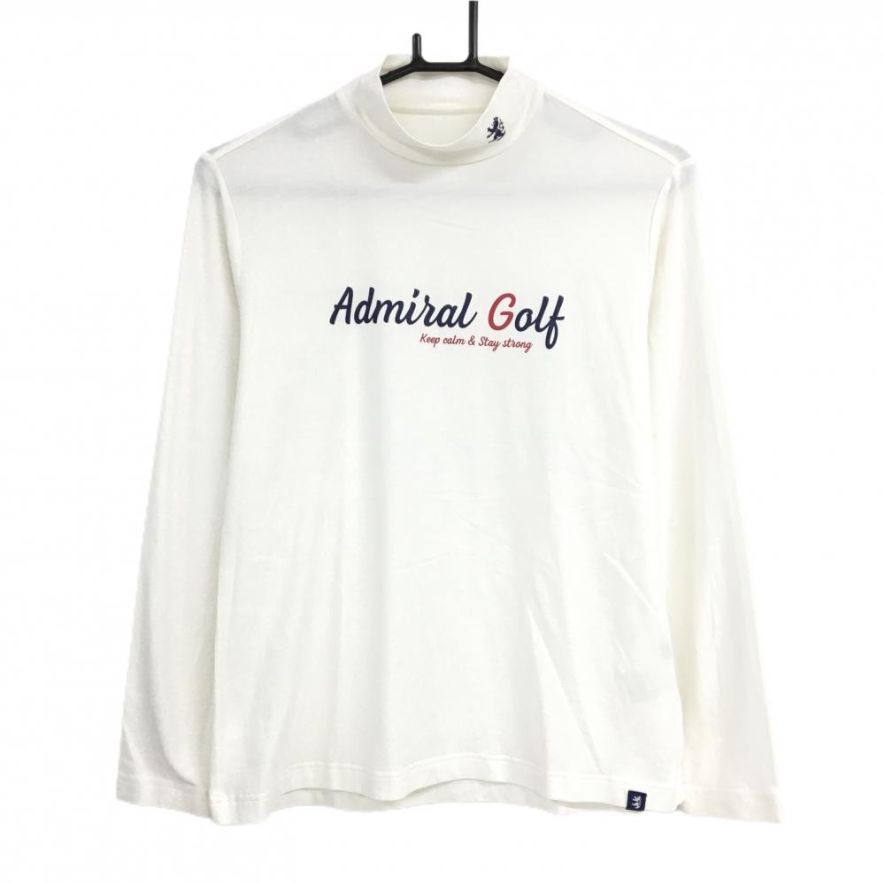 【美品】アドミラル 長袖ハイネックシャツ 白×ネイビー ネックロゴ 表微起毛  レディース L ゴルフウェア Admiral