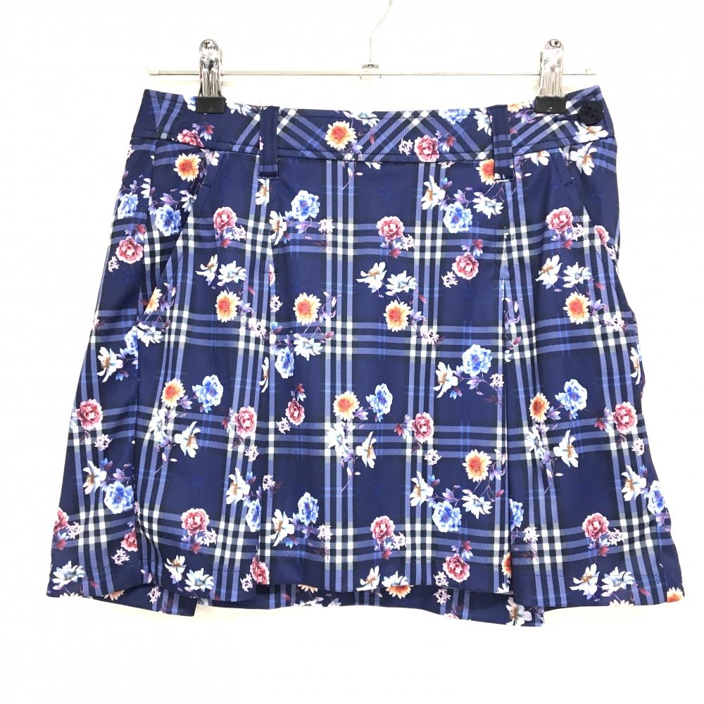 【超美品】アドミラル スカート ネイビー×マルチカラー チェック 花柄 ボックスプリーツ  レディース S ゴルフウェア Admiral