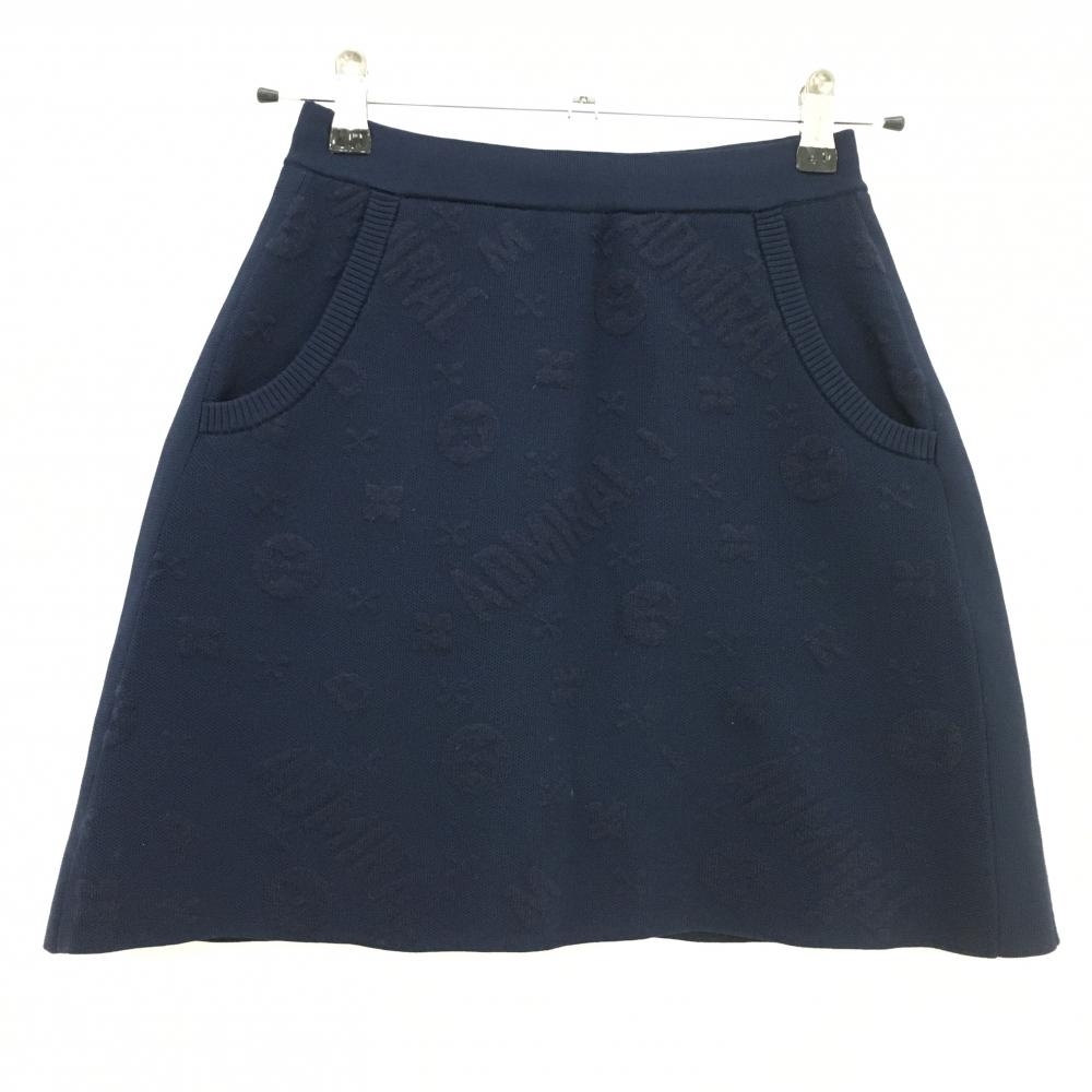 【超美品】アドミラル ニットスカート ネイビー ロゴ総柄織生地 ウール混 裏地付き レディース S ゴルフウェア Admiral