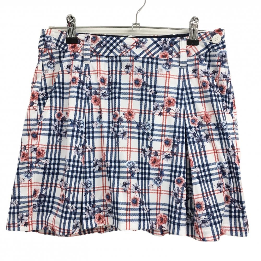 【超美品】アドミラル スカート 白×ネイビー×レッド チェック 花柄 ボックスプリーツ レディース M ゴルフウェア Admiral