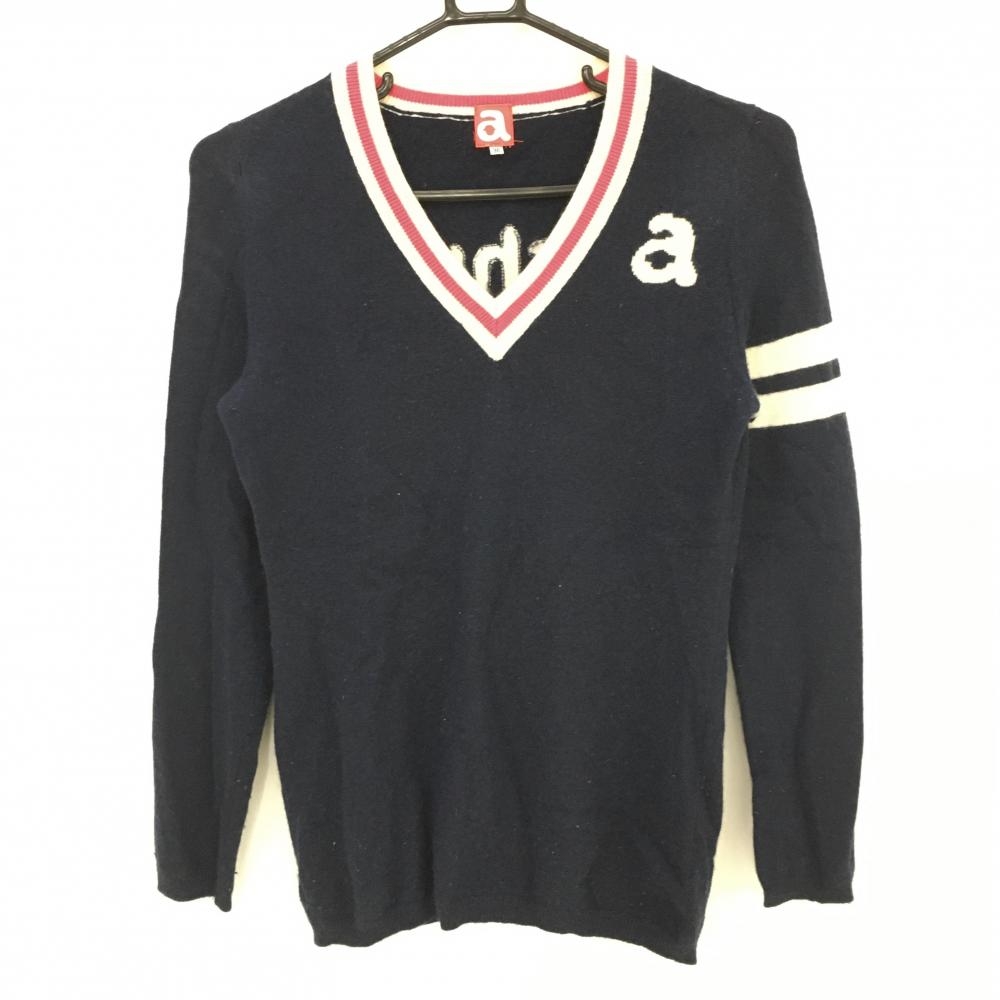 アルチビオ セーター ネイビー×白 Vネック バックロゴ カシミヤ100％ レディース 36 ゴルフウェア archivio