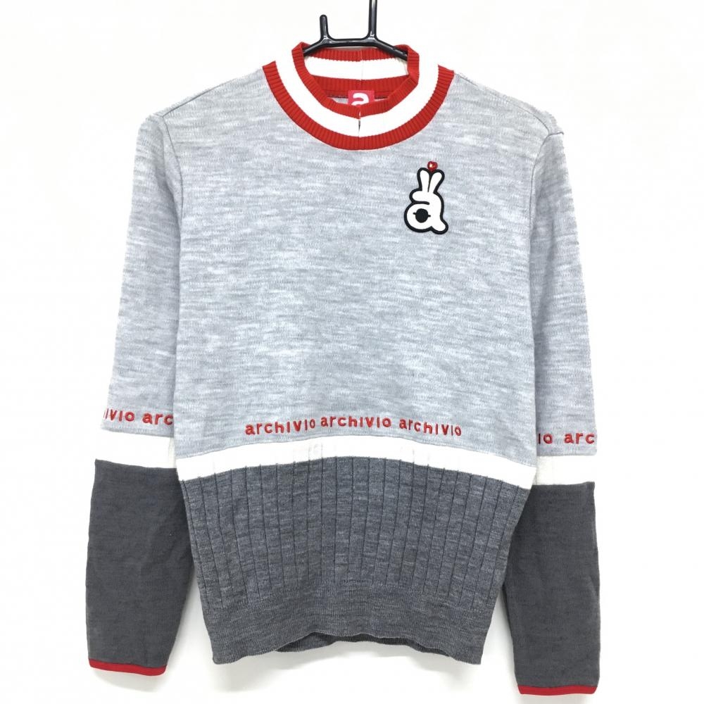 【美品】アルチビオ ハイネックセーター グレー×レッド ウール混 ニット ラメ糸  レディース 38(M) ゴルフウェア archivio