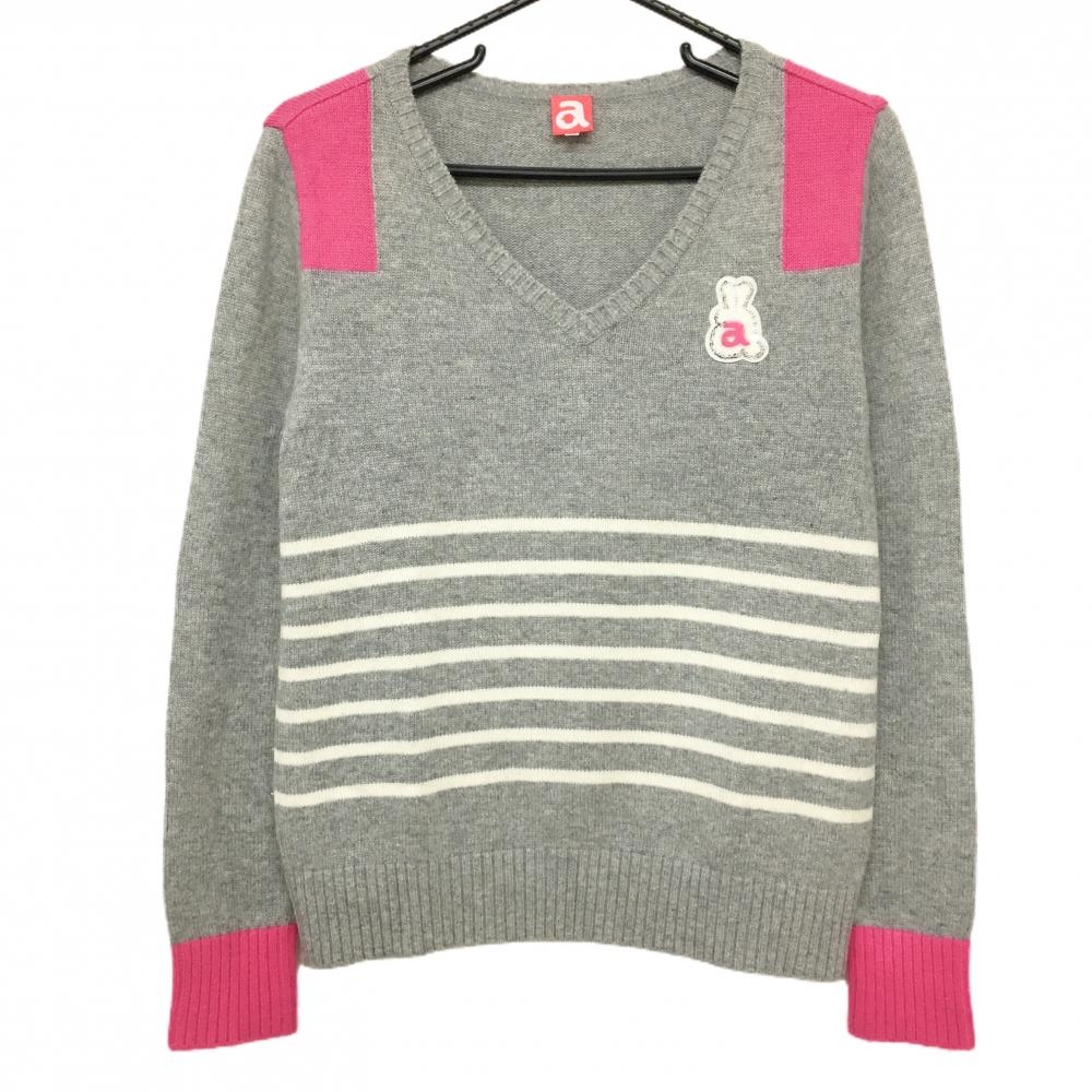 アルチビオ セーター ライトグレー×ピンク Vネック 裾ボーダー ニット レディース 38(M) ゴルフウェア archivio