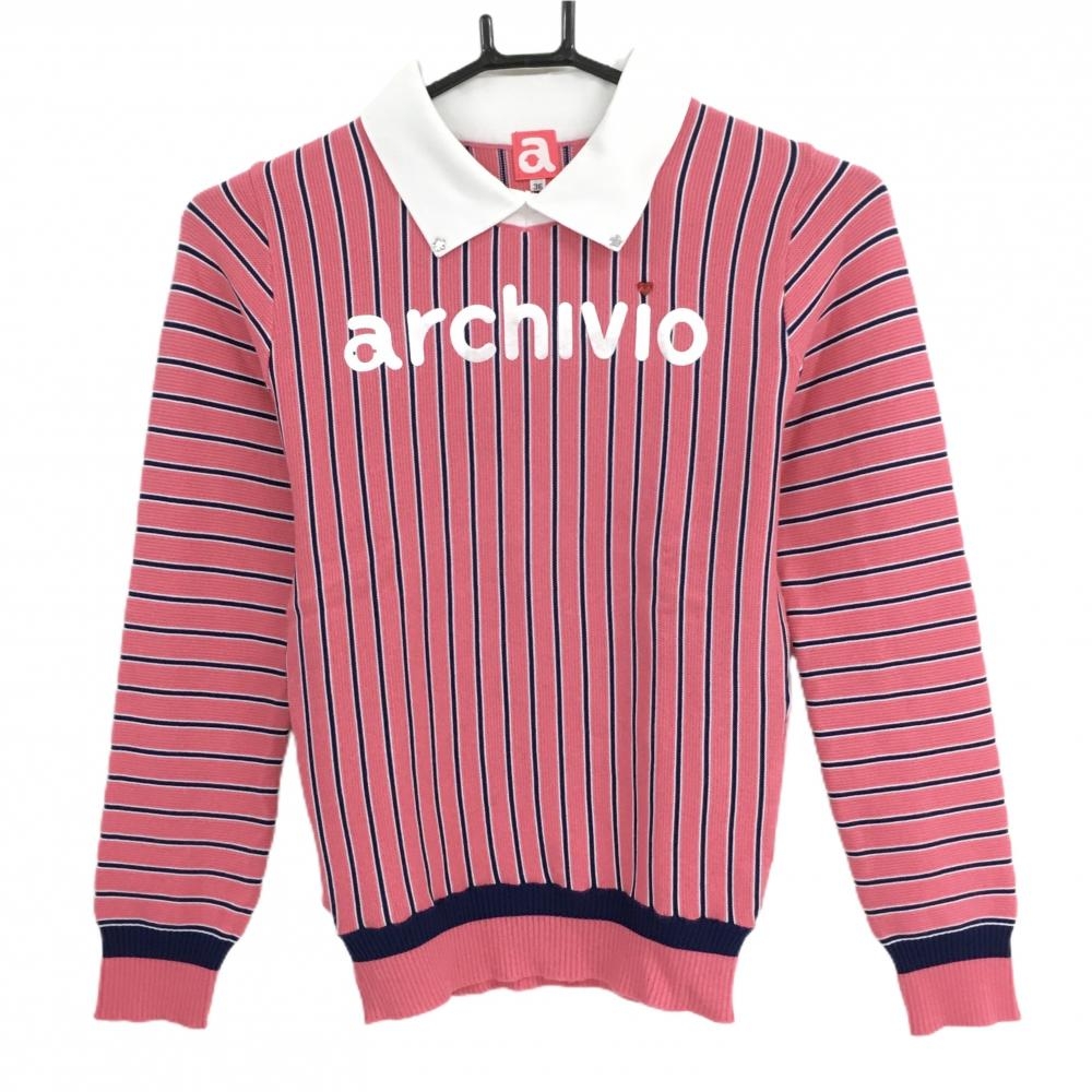 【超美品】アルチビオ 襟付セーター ピンク×ネイビー ストライプ ウール混 ニット レディース 36(S) ゴルフウェア archivio