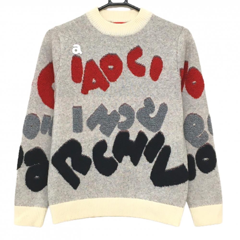 【超美品】アルチビオ セーター 白×レッド ロゴ総柄 ウール混  レディース 36(S) ゴルフウェア archivio