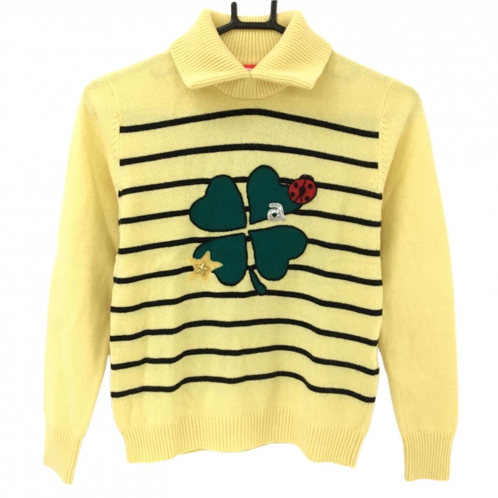 【美品】アルチビオ ハイネックセーター イエロー×黒 ボーダー クローバー ニット レディース 36(S) ゴルフウェア archivio