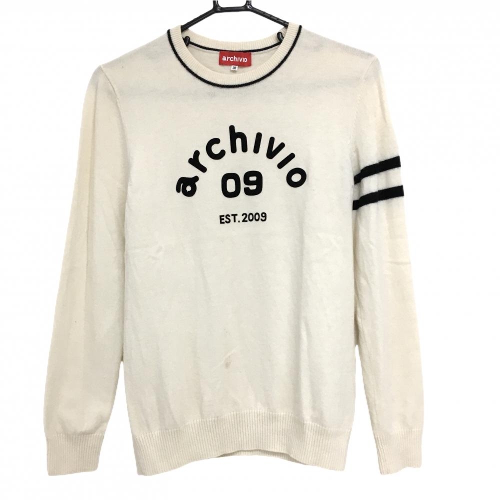 アルチビオ セーター 白×黒 フロントロゴ ウール100％ ニット レディース 38(M) ゴルフウェア archivio