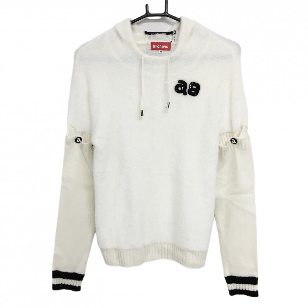 【超美品】アルチビオ 2WAYセーター 白 シャギーニット 袖着脱可 フード付 ウール混 レディース 38(M) ゴルフウェア archivio